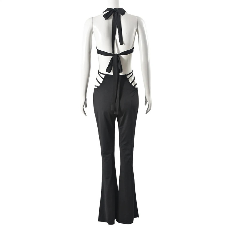 OMSJ Gothic Y2K Sexy tie Girls Street Jumpsuit Black Irregular Hollow Strappy Halter V-neck Tight Grunge Bodycon Rompers 250319