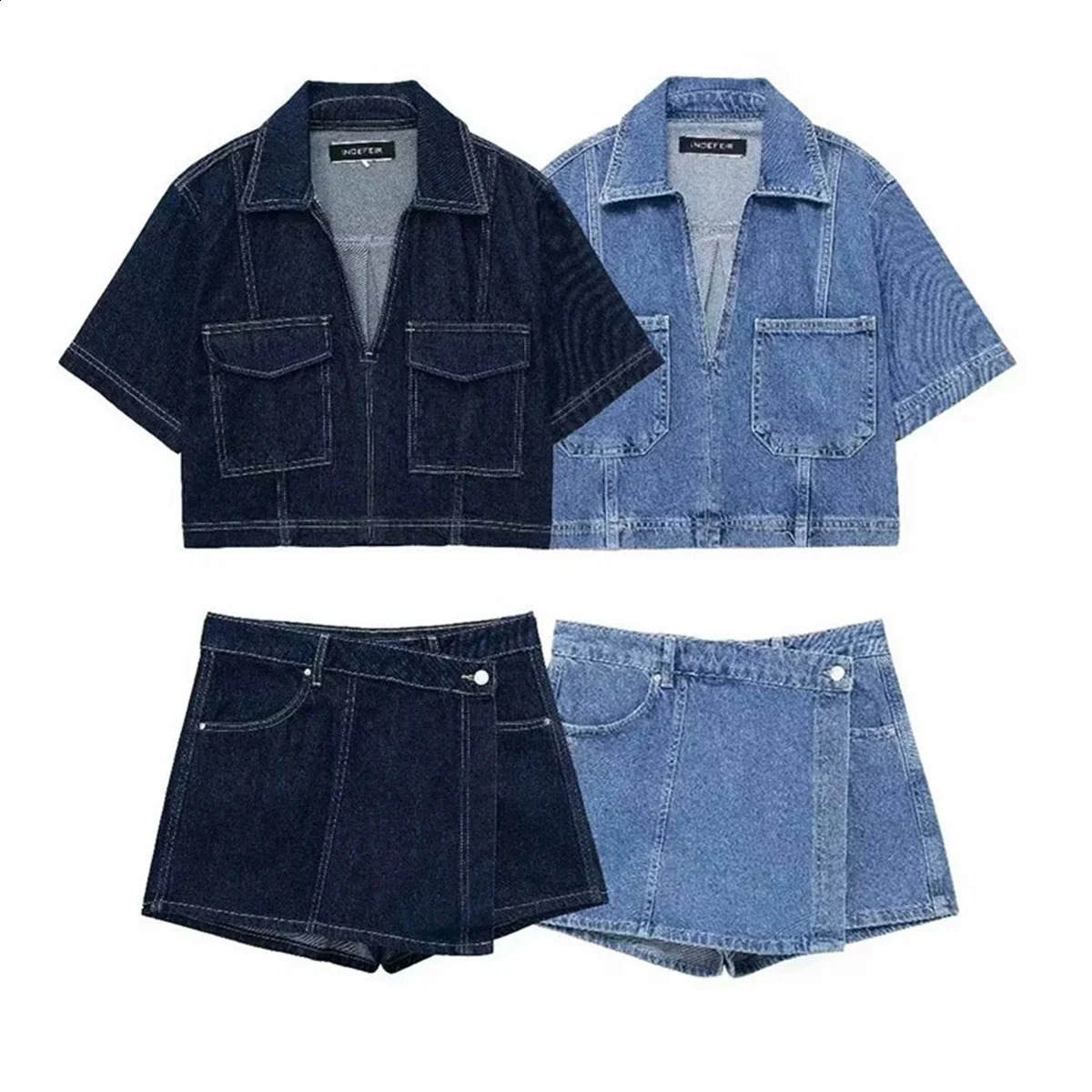 Denim 2 Piece Set For Women Solid Fashion In Flip Pocket V Neck Shirt Top Asymmetric Shorts Skirt Lady Y2k Streetwear 250318