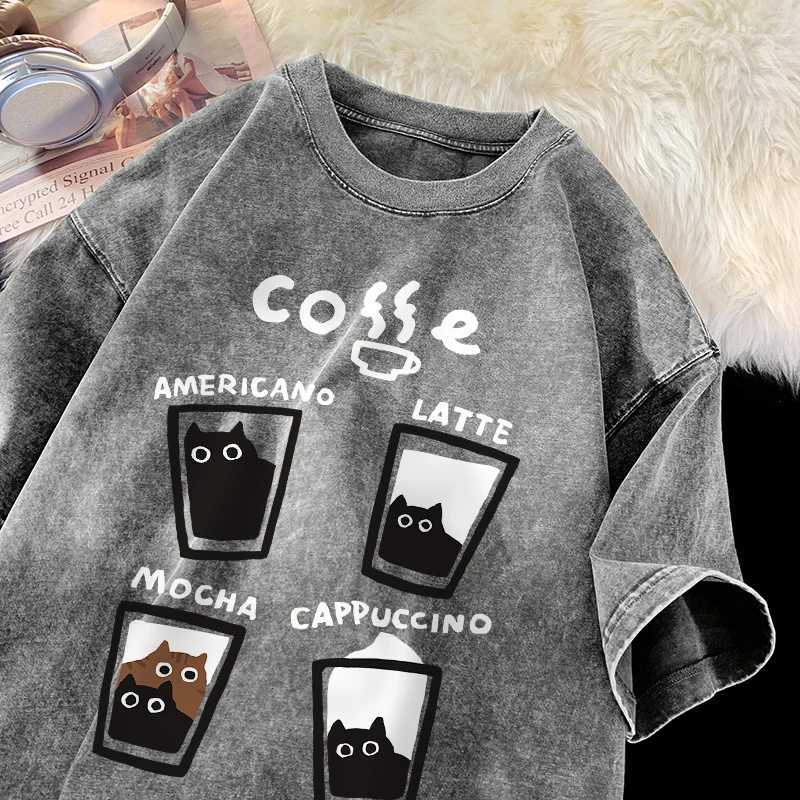 American retro fashion cat cotton T-shirt mens summer loose couple short sleeved top Harajuku Y2k retro washed T-shirtT250318