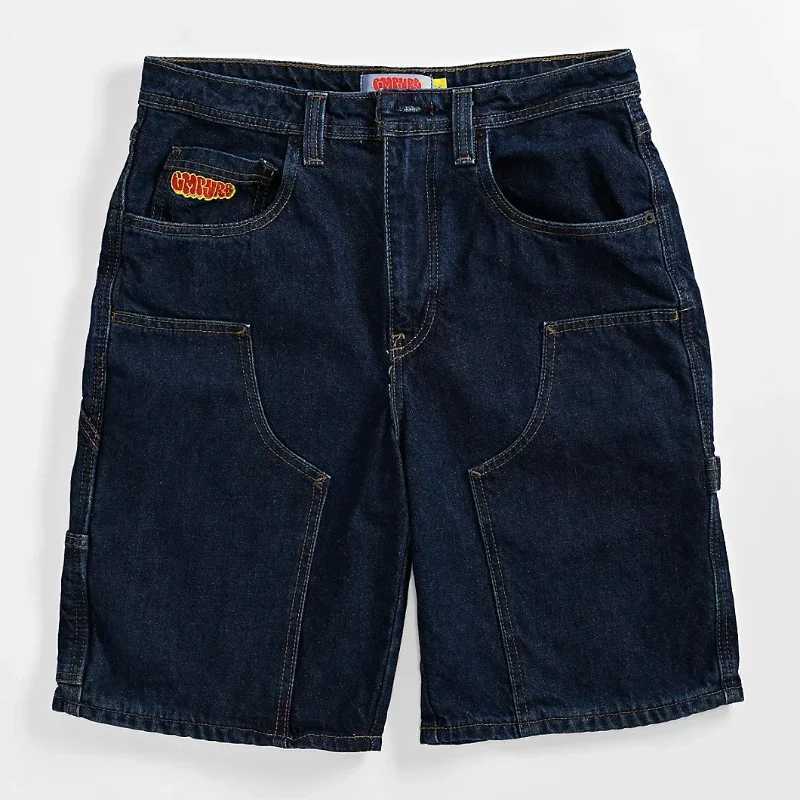 Summer Empyre deep blue skateboard denim shorts patch work embroidery loose jeans wide leg pants hip-hop rock street new pants W250319