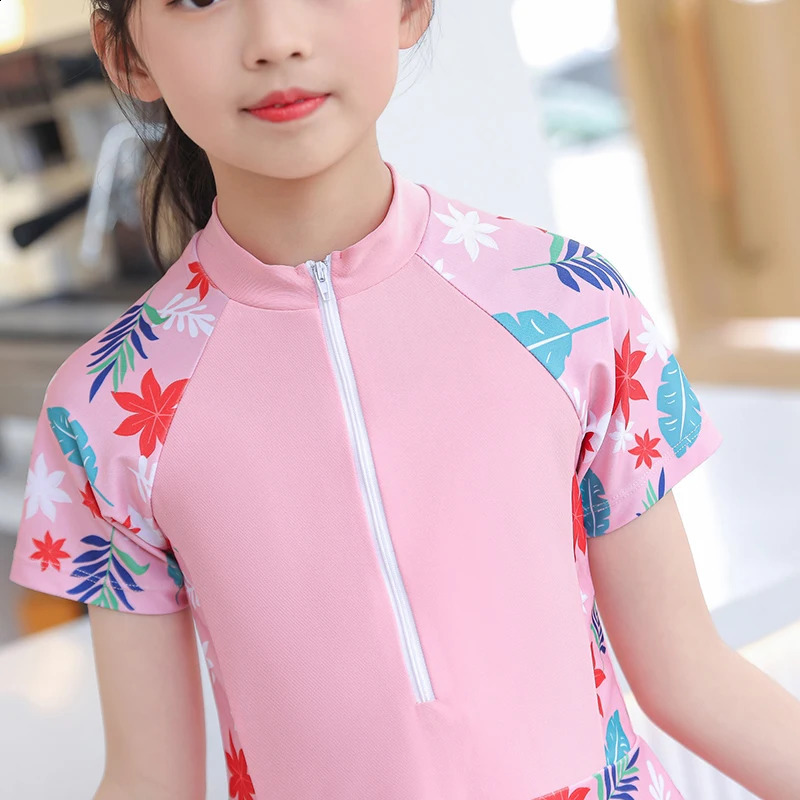 Girl One-piece Swimsuit Pink Purple Flower Print Short Sleeve Zipper Swimwear Children Teenage Girls Swim DressUnderwear Shorts 250319