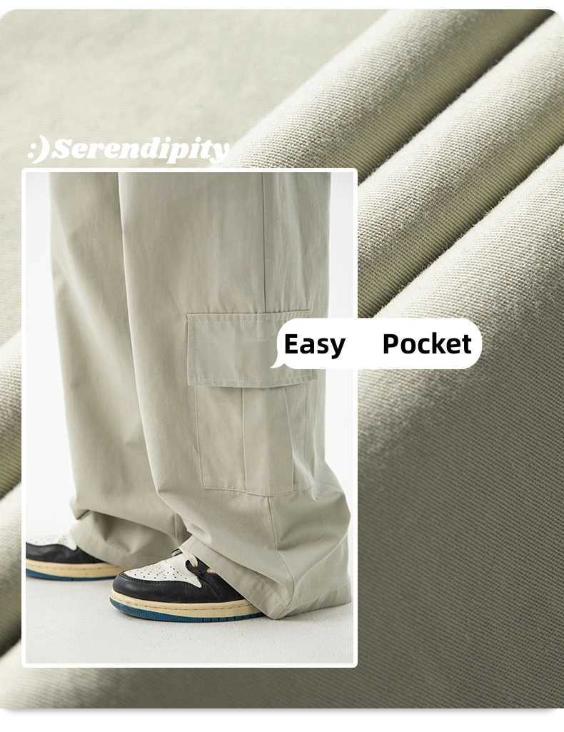 Twill cotton work mens couple multi pocket design pants for spring trendy and loose 100 solid color casual pantsT250318