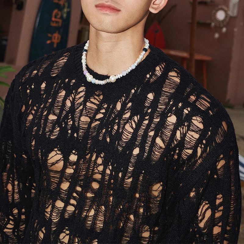 Sexy Hollow Mesh Knitted Tshirt for Men See Through Ripped Crew Neck Pullover Tops 2025 Spring Fashion 250319