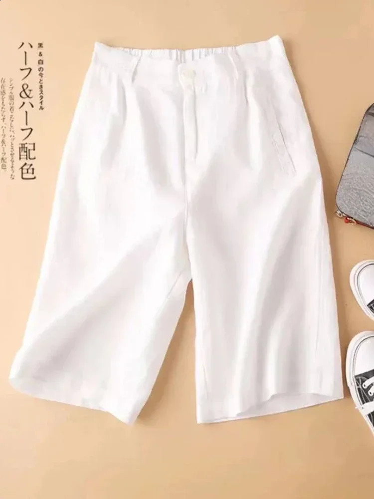 Linen Womens Summer Shorts Casual Elastic Waist White Shorts Solid Basic Loose Wide Leg Cotton Linen Women High Waist Short 250318