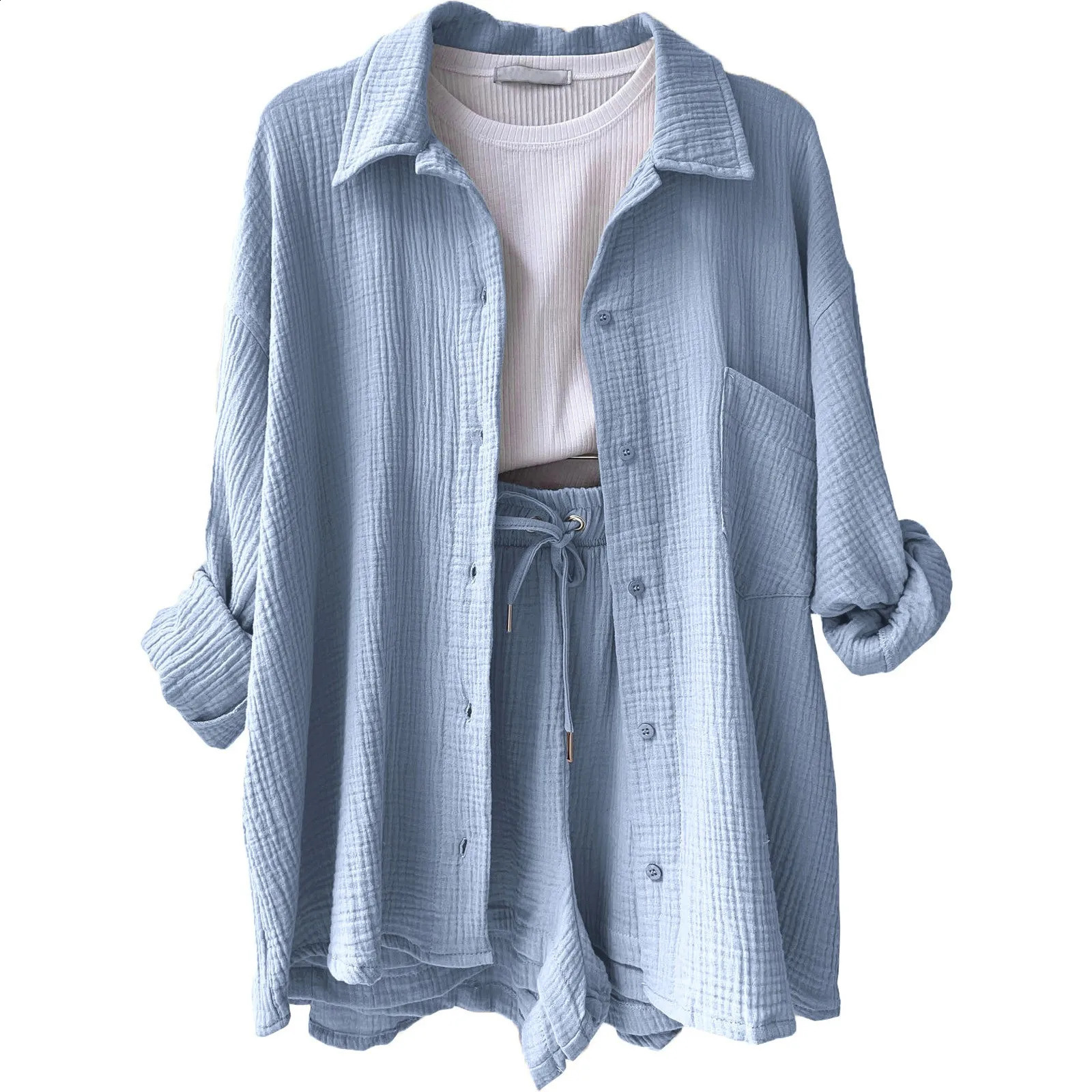 Two Piece Womens Summer Muslin Blouse Shirt And Shorts Clothes Two Piece Set Beach Outfit Set Two Piece Set Women Suits 250318