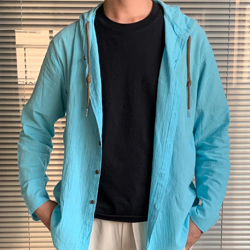 Summer Mens Linen Shirt Solid Streetwear Long Sleeve Hoodie Cardigan Clothing For Men Button Tops Casual Loose Men Hooded Shirt 250317