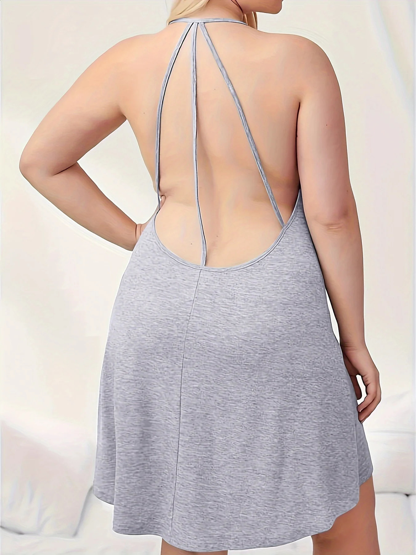 Plus size solid color sexy Vneck backless short half body dress suitable for summer wear on party dates and at night in different venues 250319