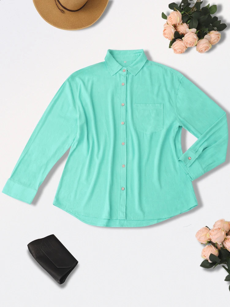 2025 SpringSummer Womens Long Sleeve Collar Button Regular Edition Solid Color Cotton Linen Shirt 250319
