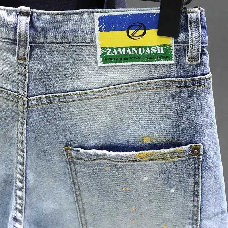 Summer loose thin paint splash denim shorts for men mid to long riding breeze elastic pants W250319