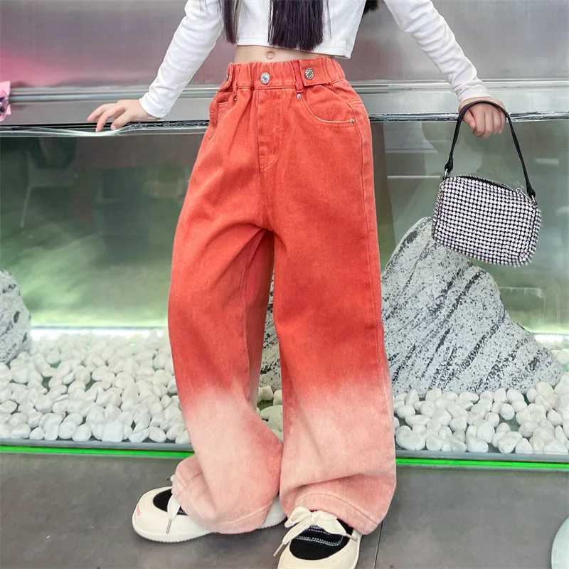 3-14Y Spring Autumn Girls Jeans Teen-agers Fashion Gradient Color Long Style Trousers For Kids Denim Wide Leg PantsT250318