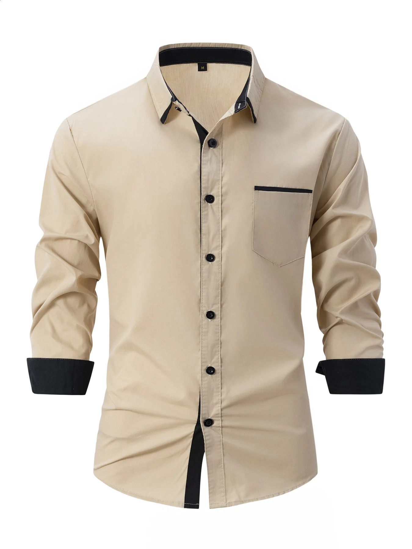 Mens business casual color combination loose long sleeved pocket shirt mens autumn cotton blend 250317