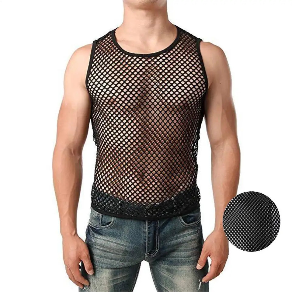 Mens Sexy Tank Top Transparent Mesh Undershirt Fishnet Vest String Sleeveless Shirts Male See Through Night Clubwear Slim Sport 250319