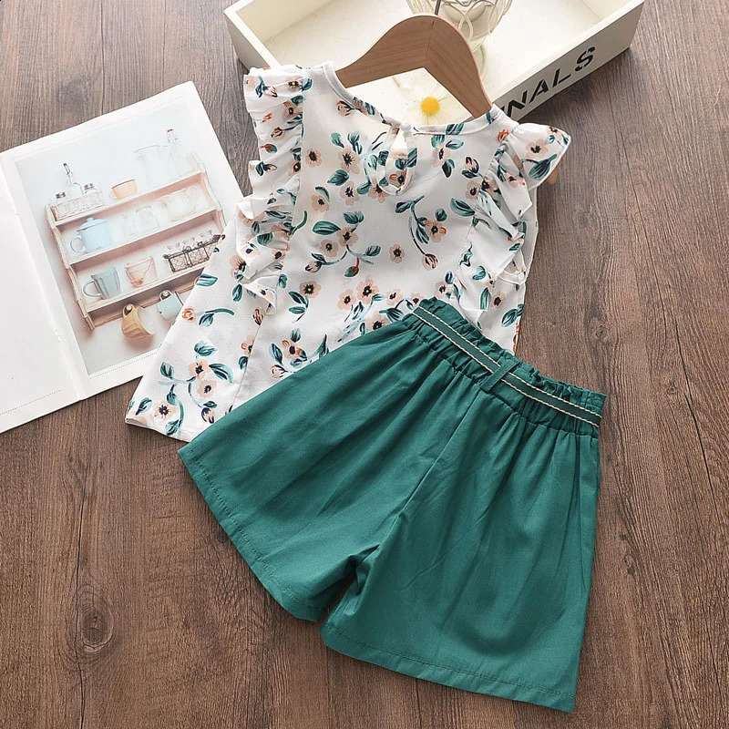 Bear Leader Kids Girl Clothes Fashion Sling Flower Bow Baby Girls Shirt Stripe Shorts 2pcs Suit Children Clothing Sets 250319
