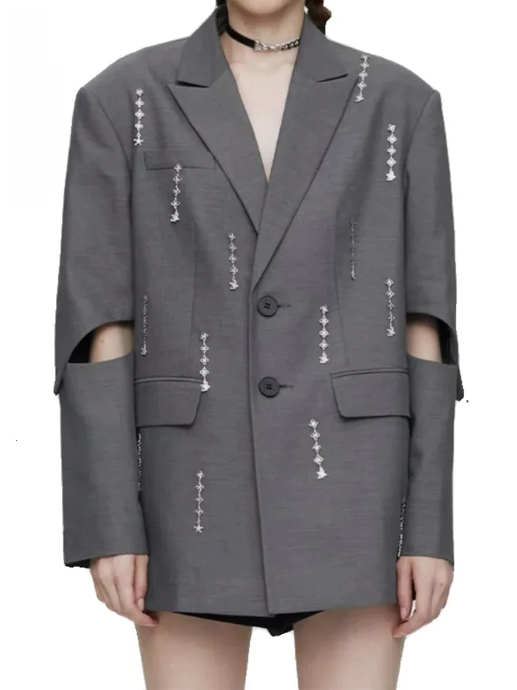 Designer Hollow Out Blazer For Women Notched Collar Dias Spliced Single Breasted Coat Fashion New 32C921