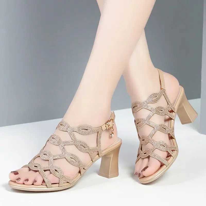New Arrival Womens Sandals Soft Leather PU Med Block High Heel Sandals Black Thick Platform Shoes Womens Open Toe Party Wedding Shoes T250318