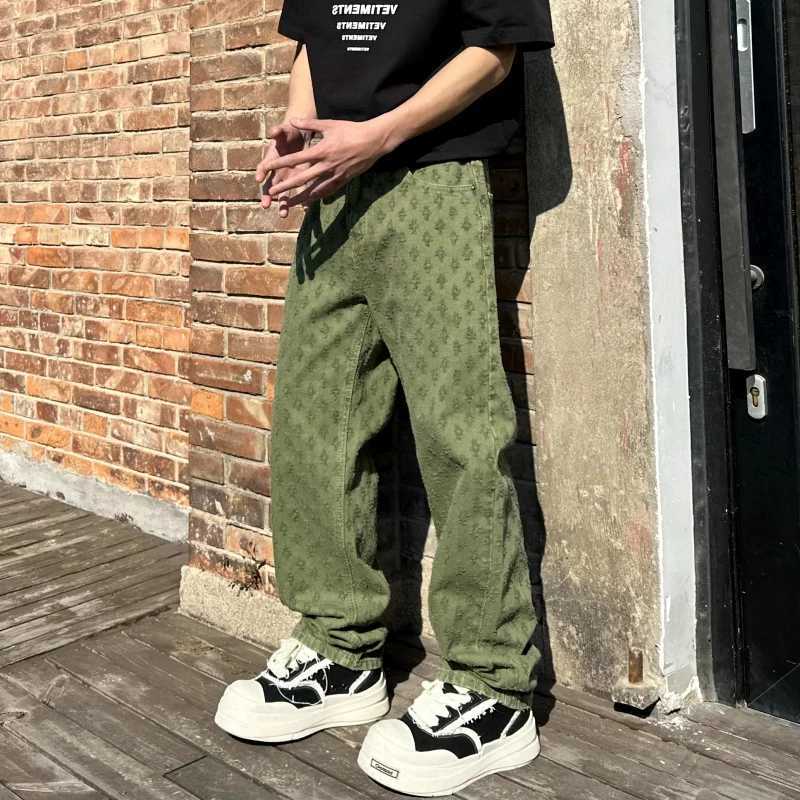 Pink jeans mens 2025 fashionable multi-color design hip-hop trend street mens loose straight leg wide leg washed jeansT250319
