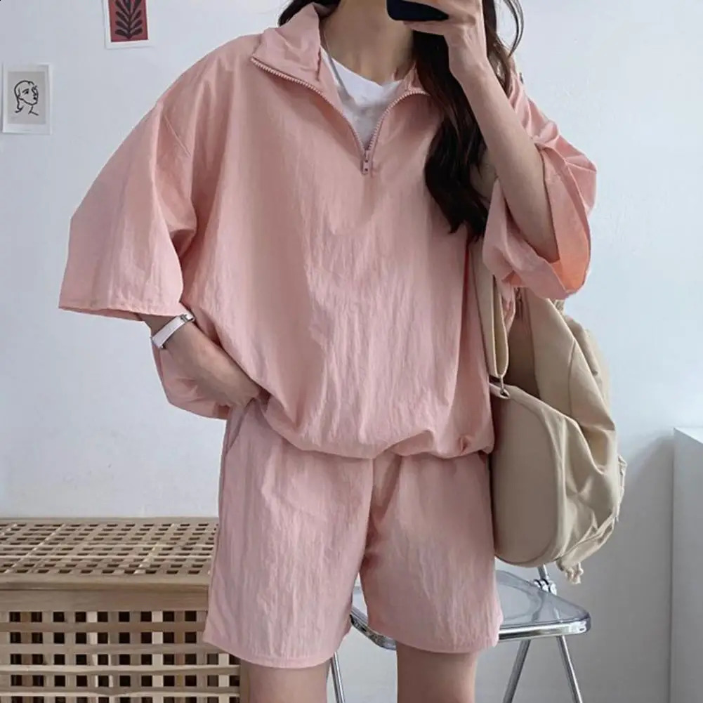 Women Top Shorts Suit Womens Zipper Neck Tracksuit Set with Oversized Top Shorts Solid Color Loose Fit Turn-down for Female 250318
