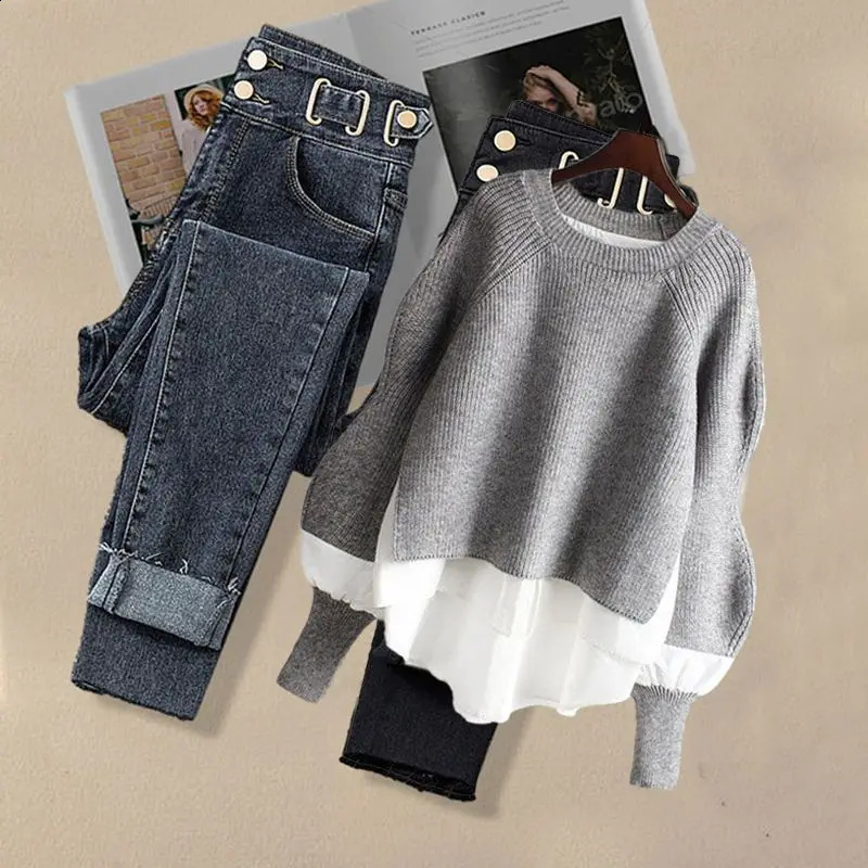 2025 Spring Autumn Vintage Jeans Matching Set Womens Korean Elegant Two Piece Knit SweaterHigh Waist Denim Pants Suit 250319