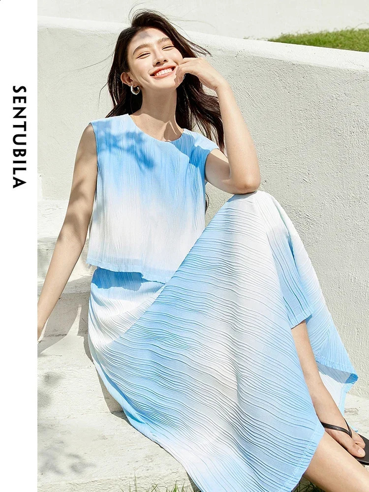 SENTUBILA Women Summer Skirt Set 2025 Blue White Gradient Cropped Tank Top Flowy Midi Skirt Womens Vacation Outfits 142Z54315 250318