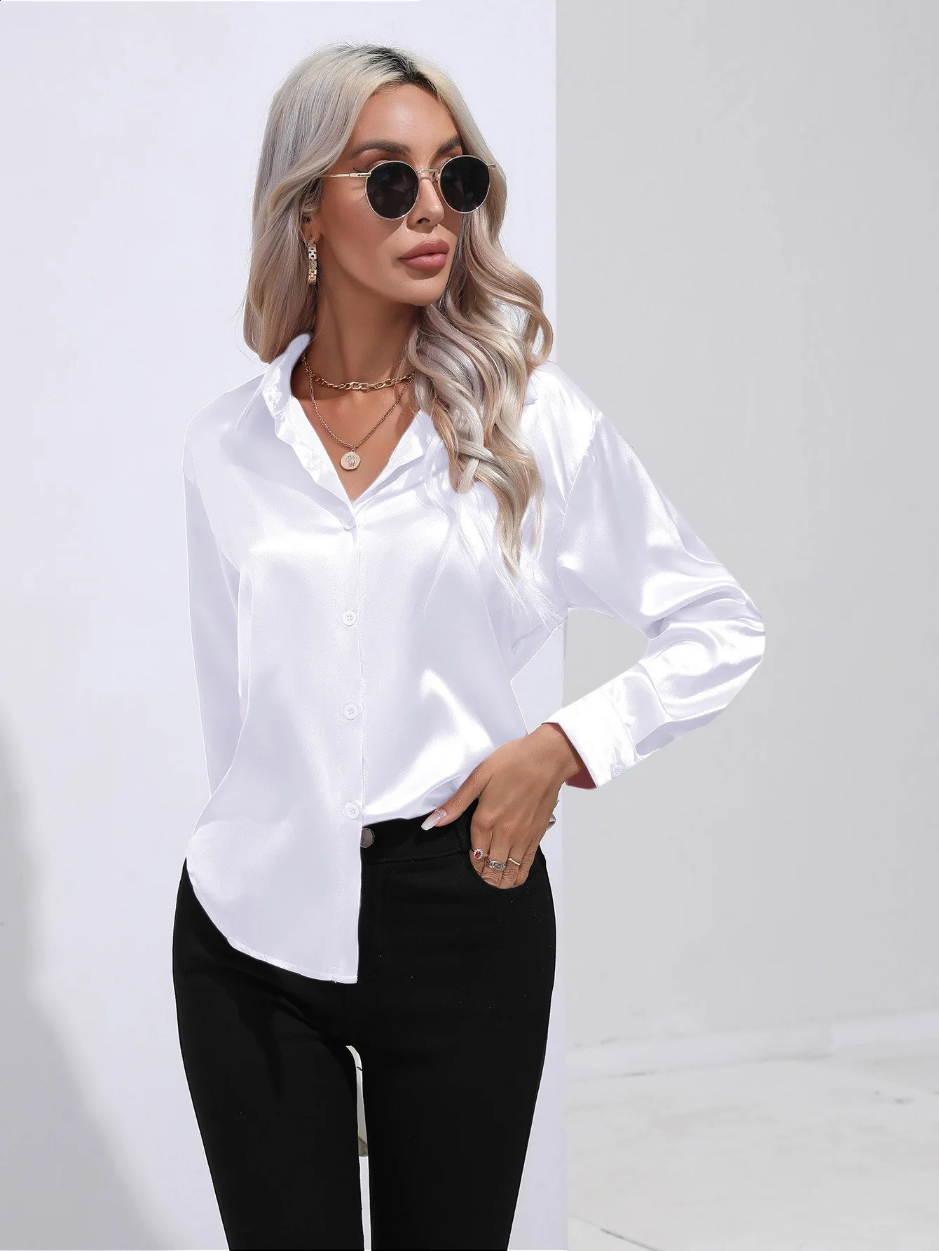 2024 Womens Fashion Trends Elegant Shirt Satin Silk Long Sleeve Summer 250319
