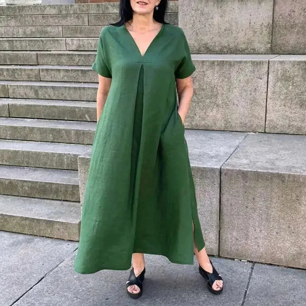 Womens L5XL plus size spring summer loose cotton linen short sleeved fashionable dress Vneck solid color casual 250319