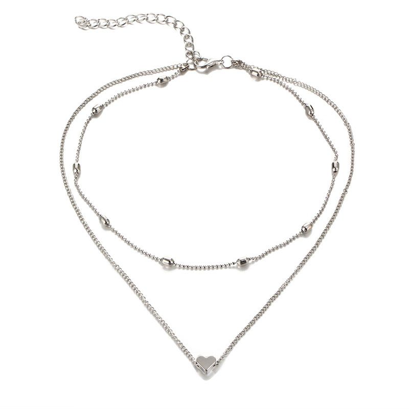 Trendy Love Heart Pendent Necklace Double Layer Charm Necklaces for Women 18K Gold Silver Plated Choker Necklace Bride Wedding Jewelry Nice Gift