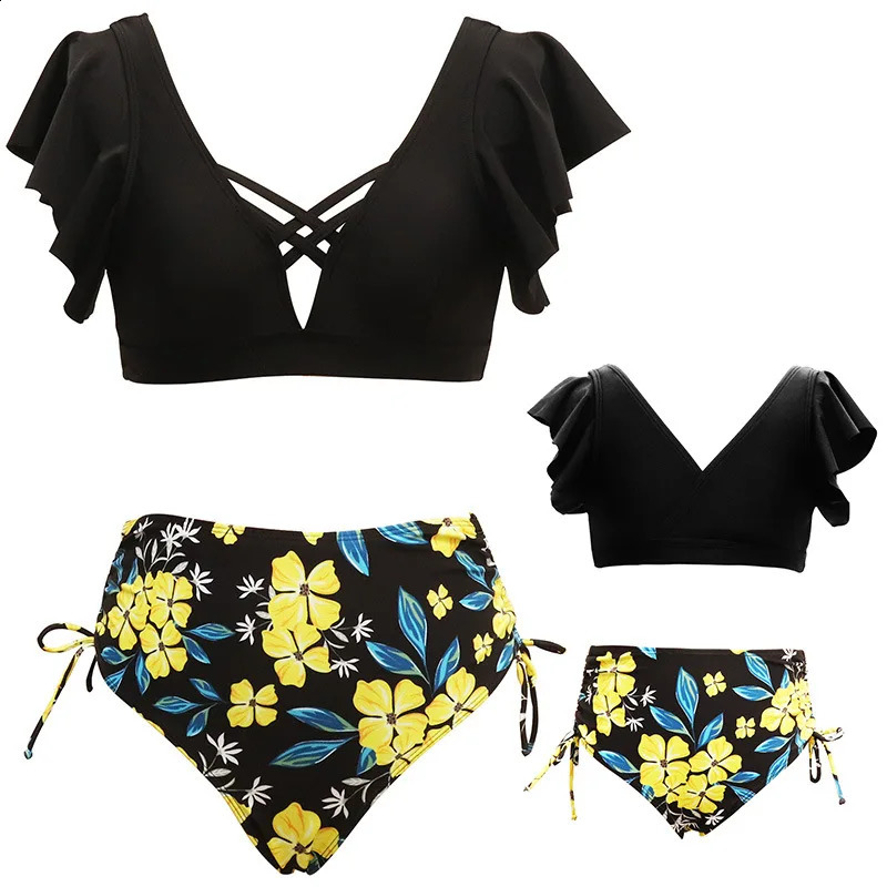 Ruffled Mother Daughter Matching Swimsuits Family Set O-Neck Mom Baby Mommy and Me Bikini Clothes Leaves Woman Girls Swimwear 250319