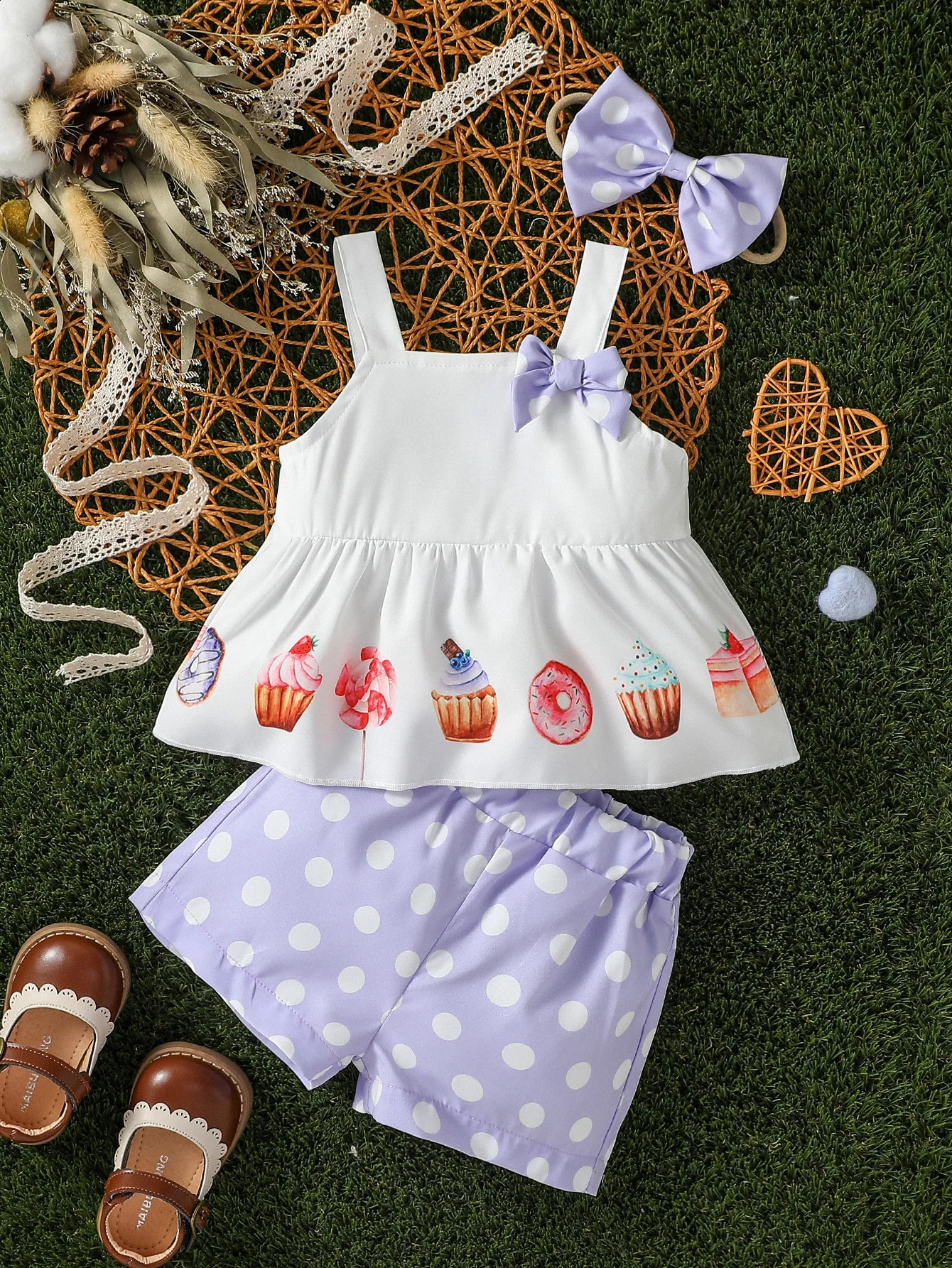3 cute girls printed sleeveless vests for summer paired with a butterfly bow casual pants set and headband 250319