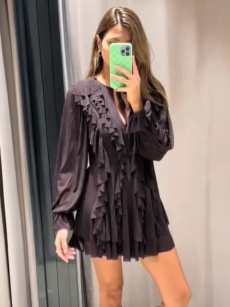 Fashionable deep Vneck puff sleeve pleated hem mini dress for women elegant earth double long sleeved Vestdos 2025 office 250319
