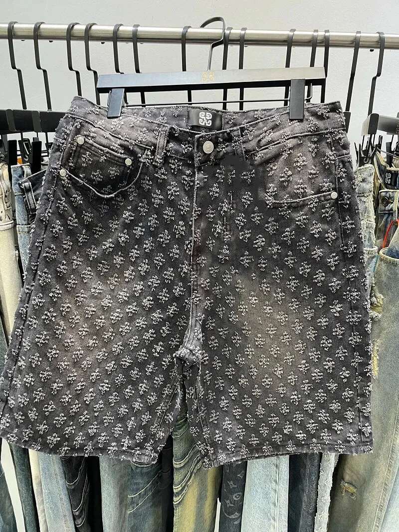 Fashion Casual Summer Light Blue Distressed Men Denim Smart Straight Leg Loosen Male High Street Niche Design Tide Shorts
