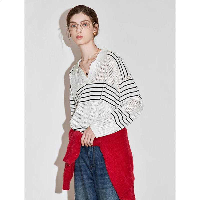 TOYOUTH Women Knitwear 2025 Spring POLO Collar Hollow Black and White Striped Weaving Casual Versatile Pullover Tops 250318