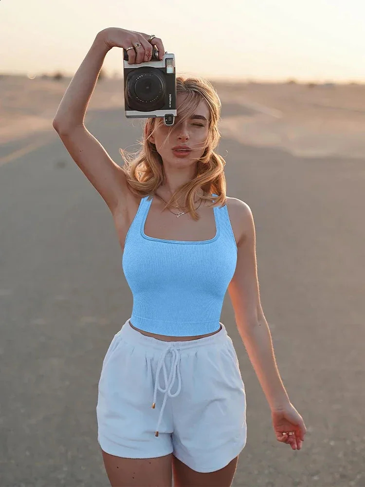 Womens solid square neck ribbed vest womens summer basic elastic sleeveless top Y2k dress 250319