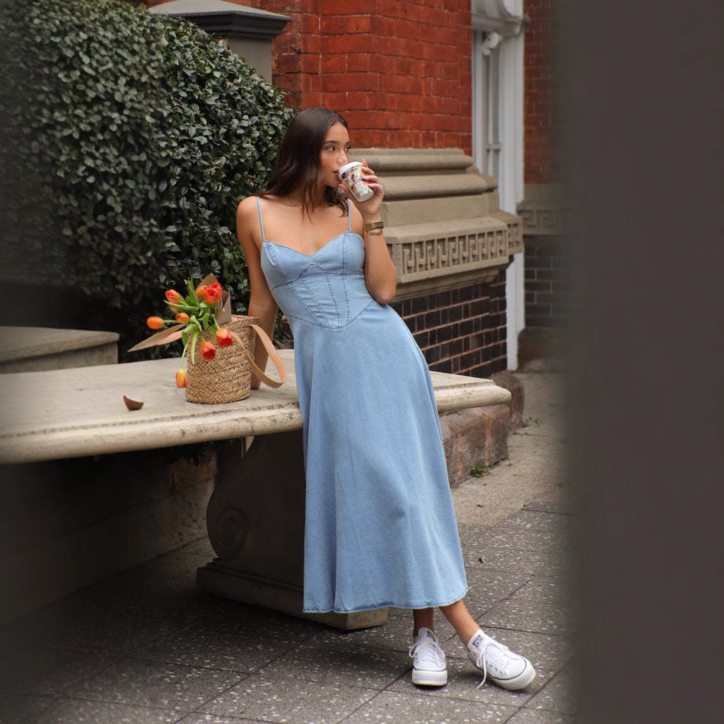 Wind 2025 Summer Women's New Product: Sleeveless Strap, Skinny Imitation Cowboy Dress