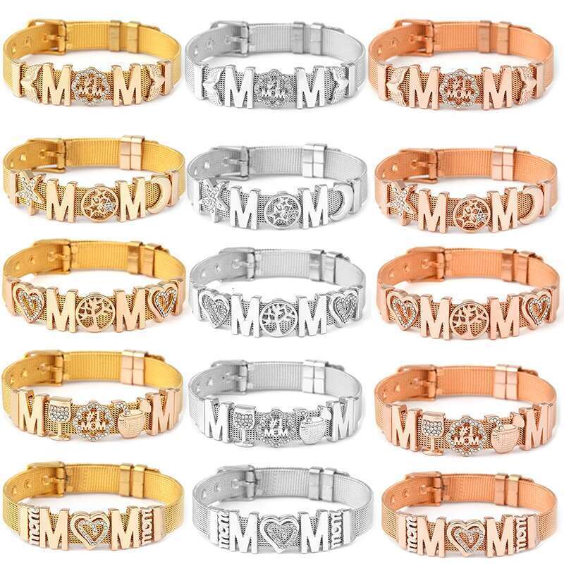 New Arrival I Love Mom Wine Glass Charm Slide Beads With Brand 10mm Stainless Steel Mesh Bracelets For Women Mother Jewelry Gift