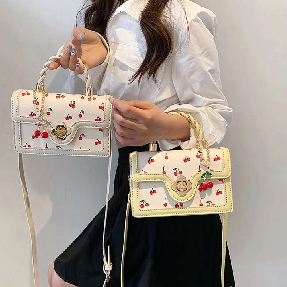 Women Shoulder Adjustable Strap Square Chain Versatile Cherry Pattern Sg Female Daily Commute Bag