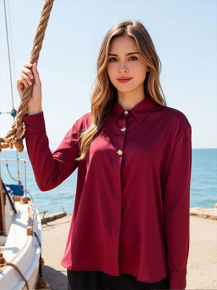 TRAFZA Womens Fashion Wine Red Shirt Retro Gold Button Long Sleeve 2025 SpringSummer Formal Office Casual Top 250319