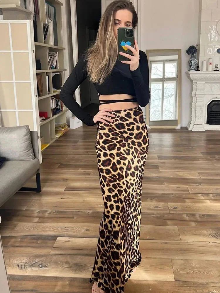 ASDS 2024 Women Fashion Leopard Print Skirt Vintage High Waist Midi Skirts Elegant Women Summer Casual Streetwear Skirt 250313