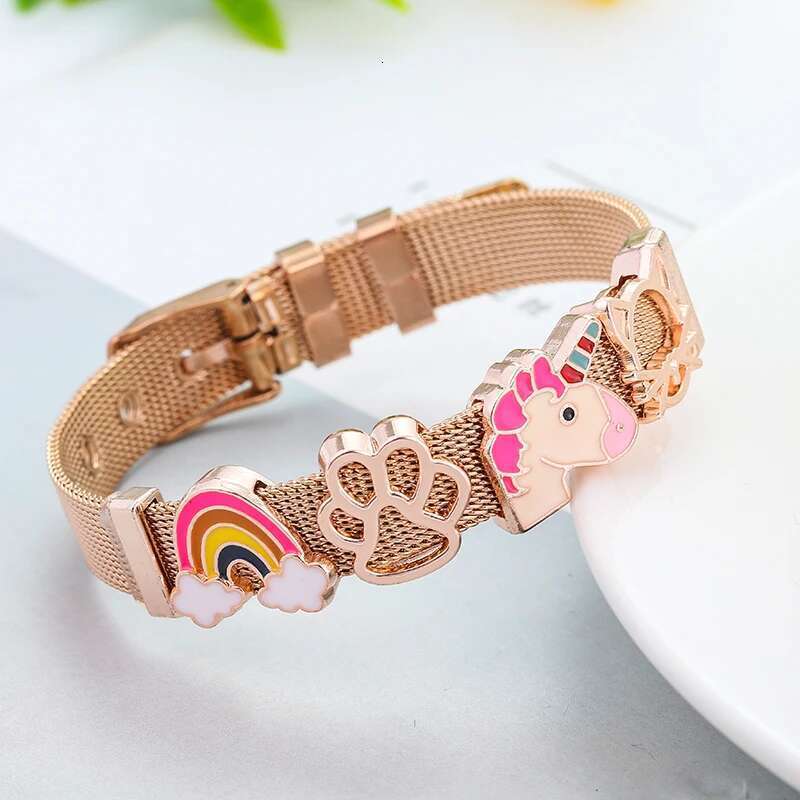 Hot Sale 10mm Rainbow Unicorn Beads Stainless Steel Mesh Bracelets DIY Charm Keeper Bracelets Bangle For Women Men Jewelry Gift