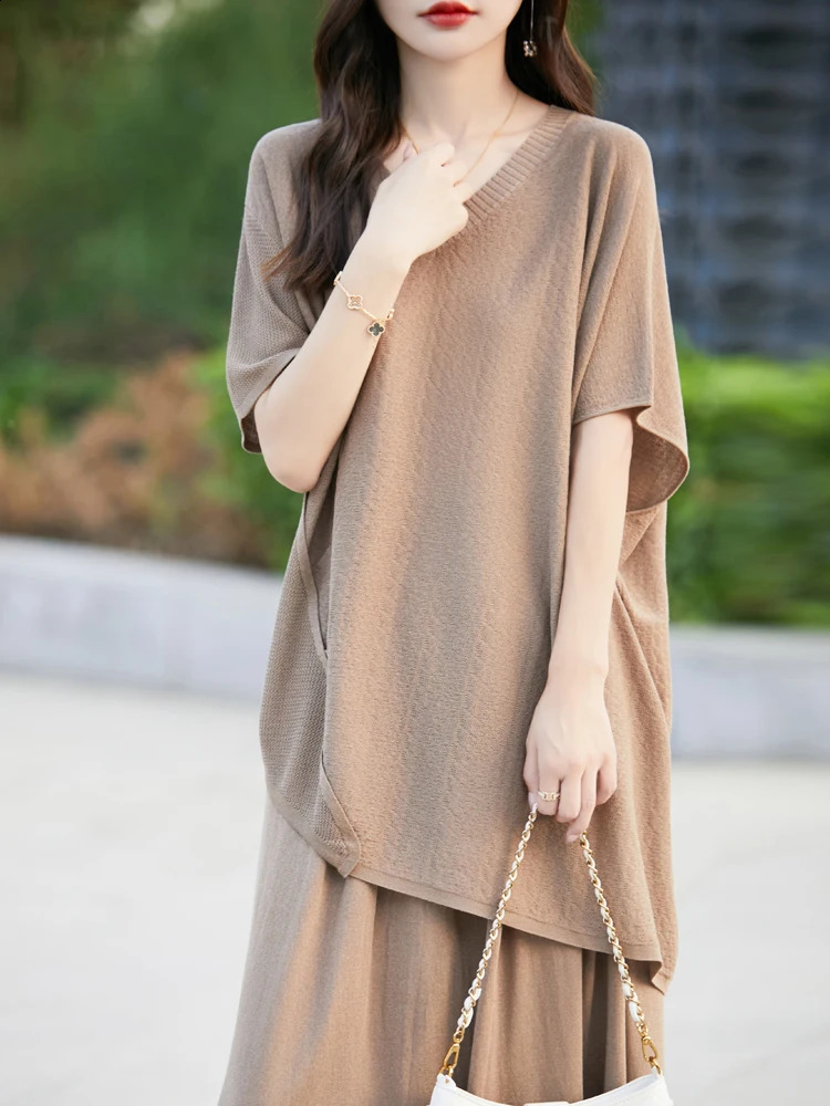CAIXINGLE Summer Womens Short Sleeve Skirt Suit Fashionable Elegant Wool Skirt Irregular Trendy T-shirt 250318