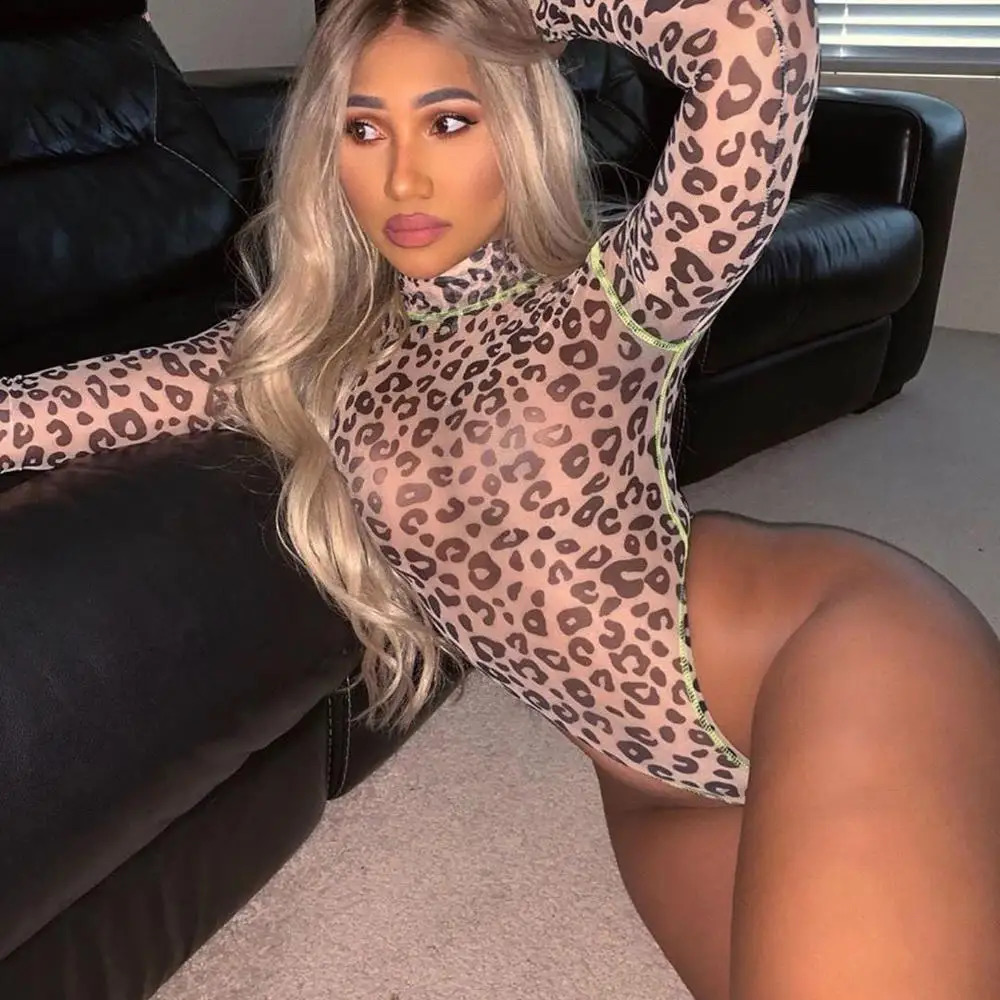Leopard Bodysuit for Women Sexy Bodycon Skinny Body Suit Turtleneck Long Sleeve Playsuit Printed Romper Jumpsuits Female Rompers 250319