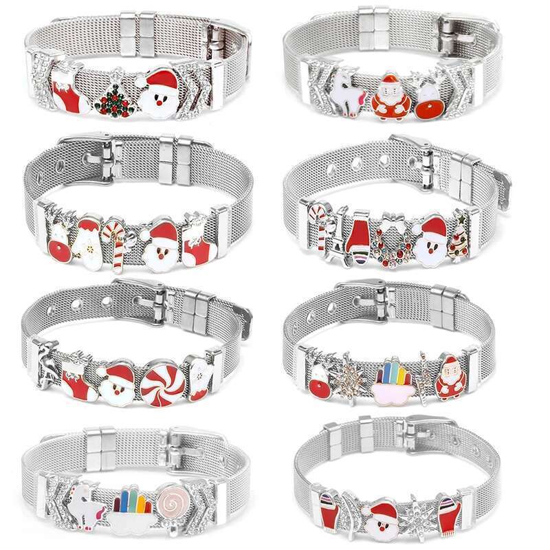 Silver Color Charm Mesh Bracelets For Women Original 10mm Santa Claus Beads Stainless Steel Bracelet Bangle 2021 Christmas Gift