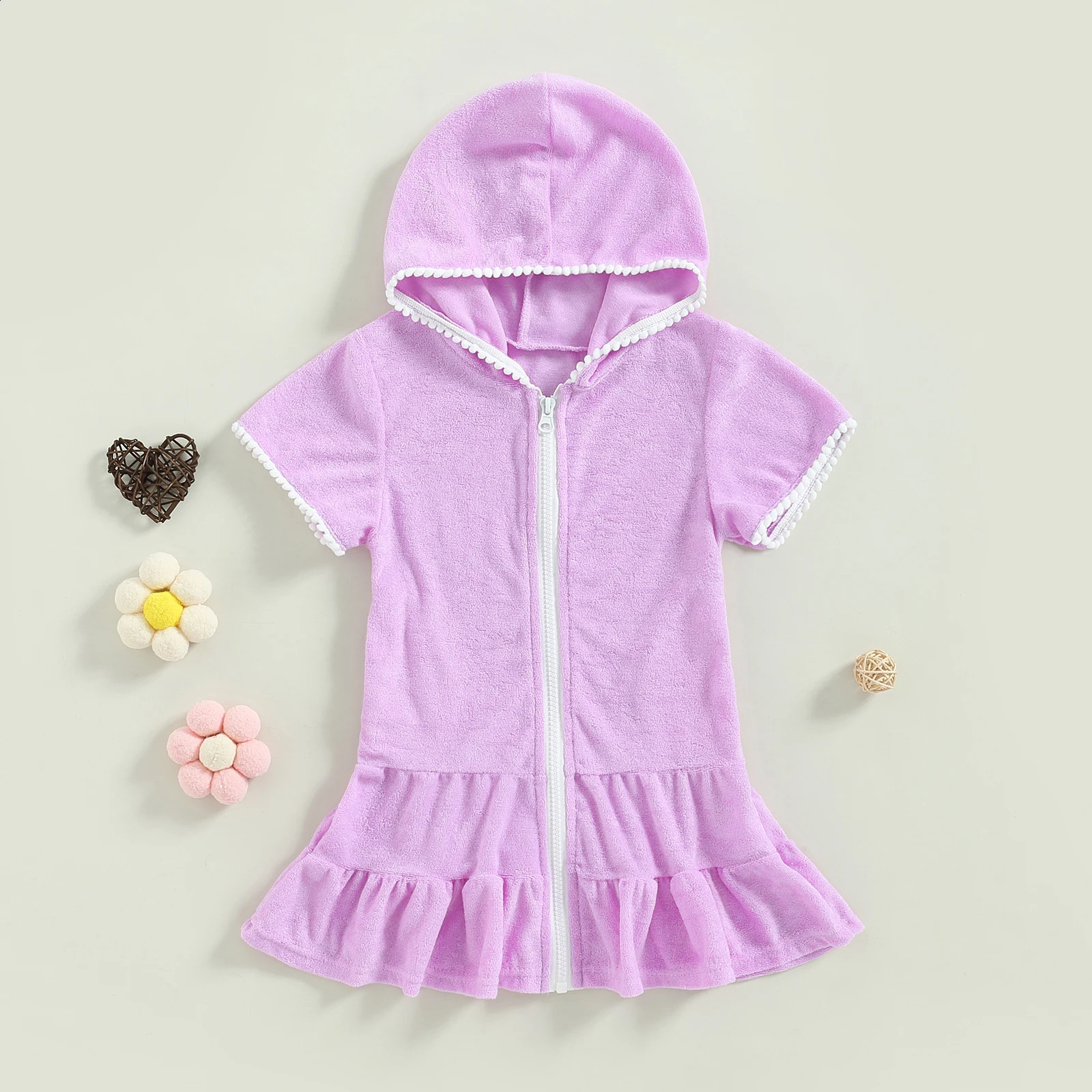 Yiiciovy Summer Kids Girls Swim Hooded Cover Up Terry Bathing Suit Beach Cover-Up Short Sleeve Zip Up Beach Dress for Kids 250319