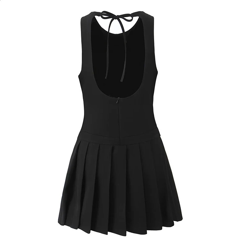 2025 Women Sexy Backless Black Gray Tank Dress Low Waist Pleated Hem Aline Short Summer Dresses High Street Robe 250319