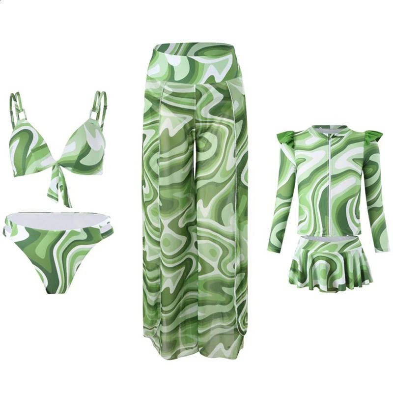 Summer Mother Daughter Bikini Swimwear Beach Bath Swimsuits Mommy and Me Clothes Matching Outfits Women Pants 3pcs 250319