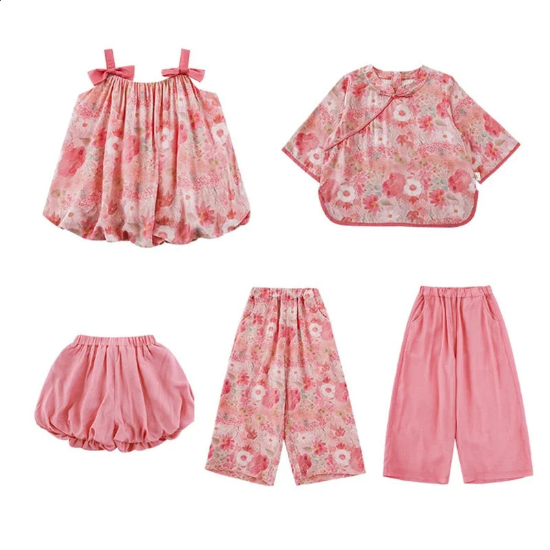 Pink Kids Girls Clothes 2025 Girls Cheongsam Top Pants Set Childrens Vest Flower Bud Pants Summer Childrens Clothing 250319