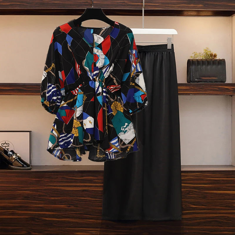 Womens 2025 Spring Pants Set Femel Two Piece Colorful Printed Vneck Bat Sleeve Top Elastic Waist Wide Leg 250319