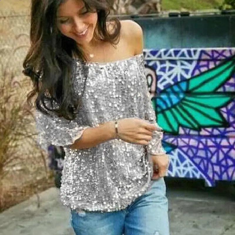 Fashionable womens long sleeved T-shirt for spring/summer cardigan loose and shiny womens top sparkling sequin T-shirt 250314