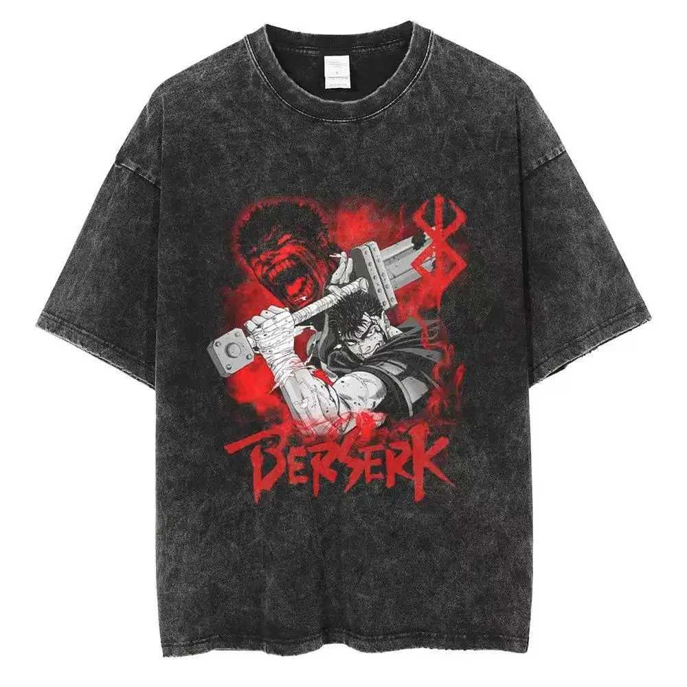 Washed Berserk Cotton Mens Vintage Japan Anime Oversize Shirts Streetwear Harajuku Summer Short Sleeve TShirt Loose Cotton TopsT250318