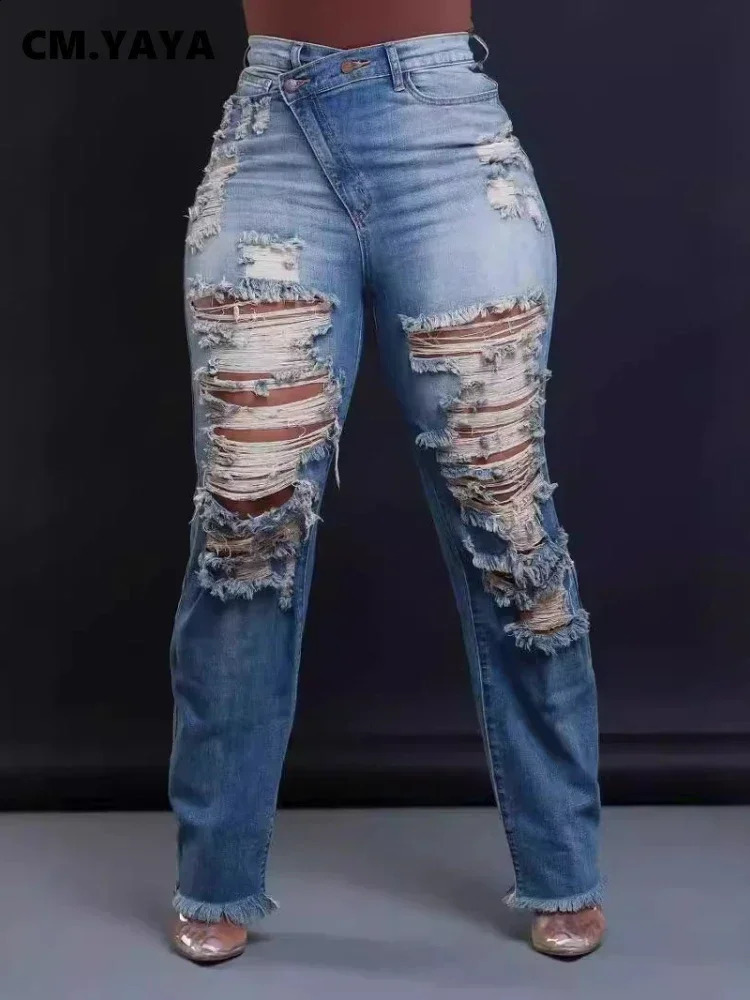 CM. YAYA jeans womens retro sexy hole hollow jeans cracked pencil pants street tight high waisted womens pants 250314