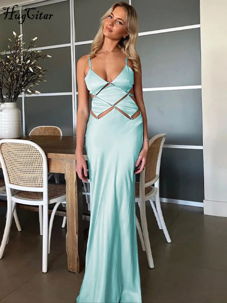 Hugcitar Spring Solid Slips V Neck Hollow Out Backless Sexy Bodycon Maxi Dress Women Fashion Outfits Birthday Vacation Y2K 250319